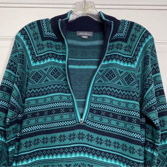 Eddie Bauer Fair Isle Half Zip Sweater Green & Blue Mock Turtleneck Medium - Picture 4 of 10
